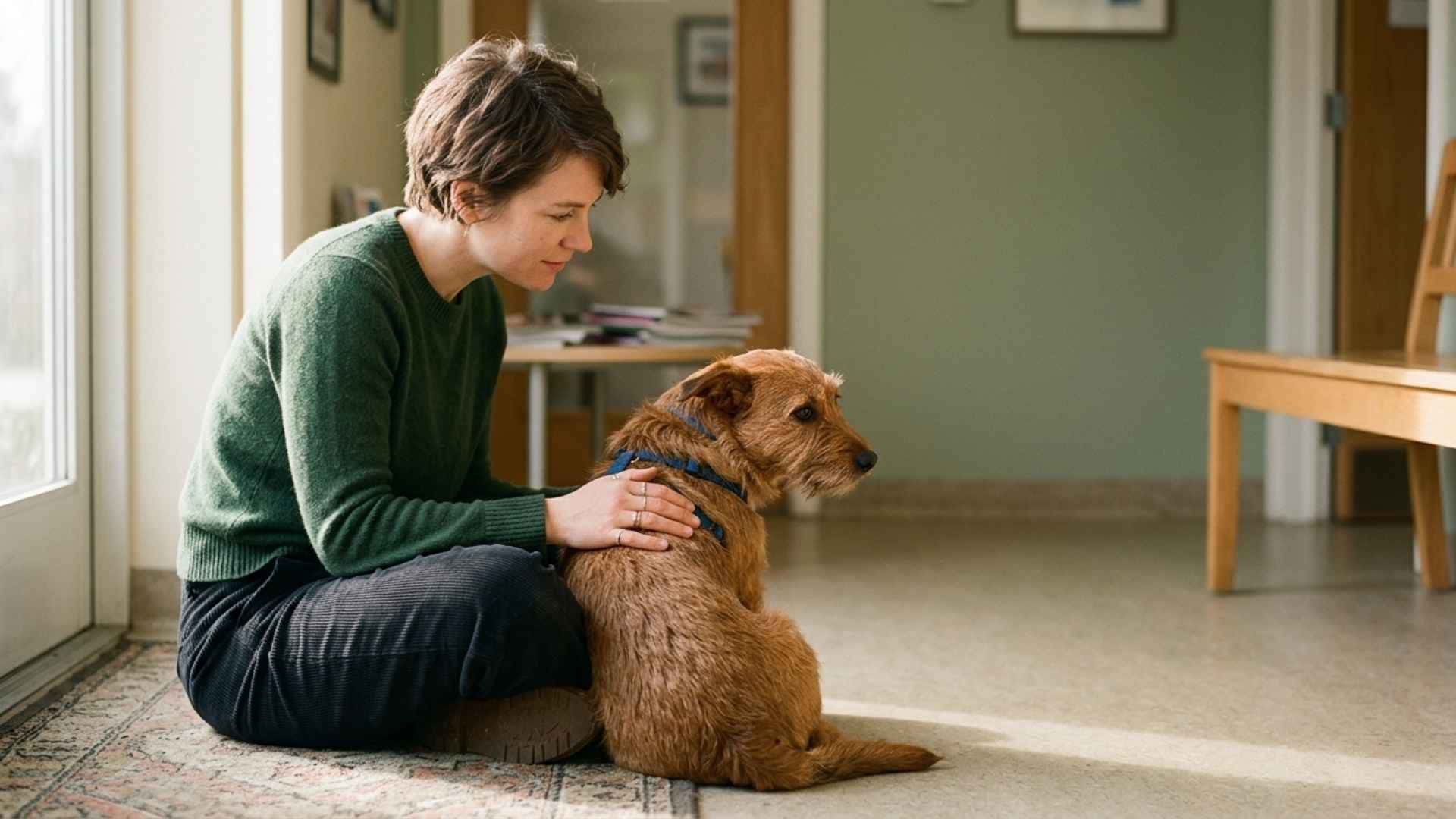 perro con miedo en casa, tutora intenta calmarlo